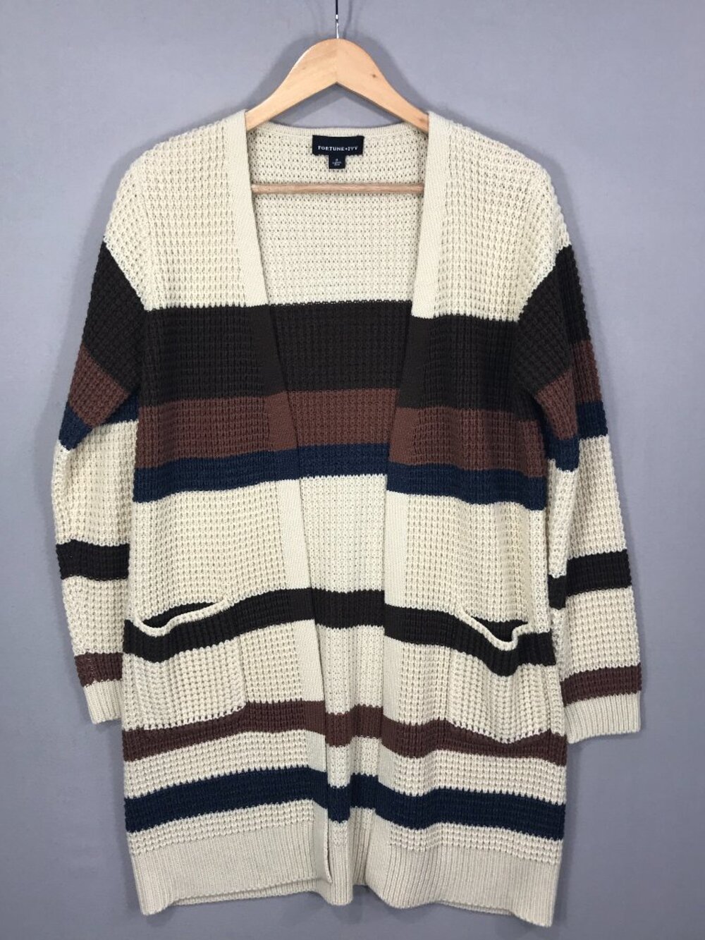 Fortune + Ivy Cardigan Womens Medium Beige Colorblock Open Front Sweater LS Pock